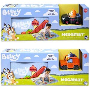 Bluey Megamat, Mega Play Mat Bundle w/ Vehicles –2 Felt Mats, Bluey & Bingo Cars